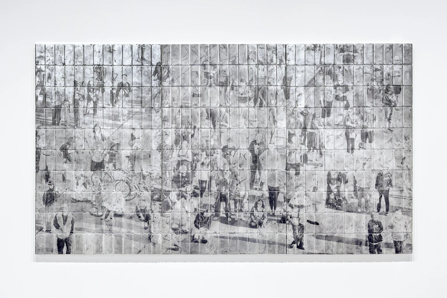 Lucas Leffler, What an Nice day for a revolution, 149 x 265 x 5 cm, Metallic pigments and UV printing on 390 phone LCDs, 2026 cm ┬® Courtesy the artist, Lee Bauwens Gallery
