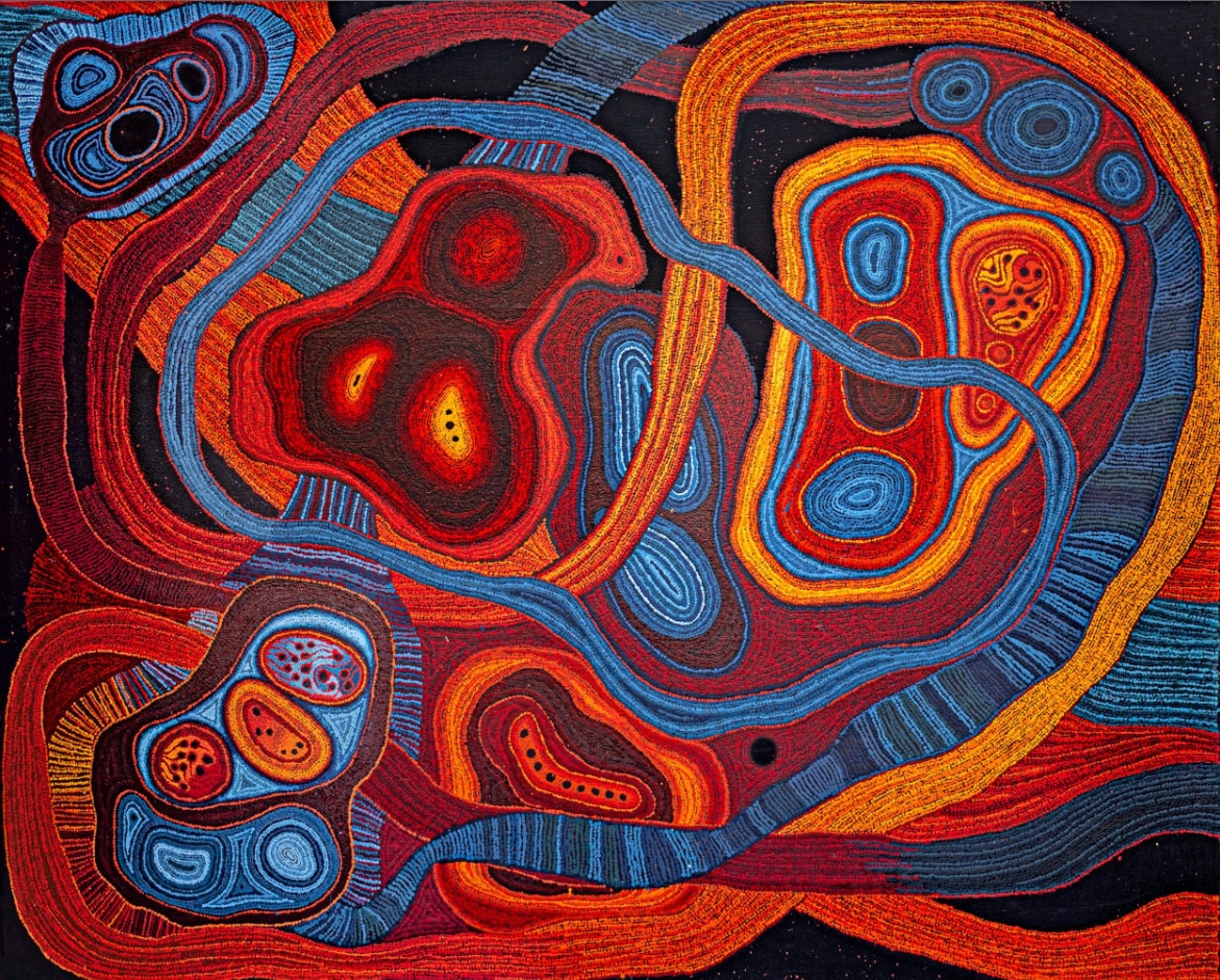 Peinture de l’artiste Emma Singer - Ngayuku Ngura 2023 - 200cm x 240cm - 650-23. © Photo Aboriginal Signature Gallery with the courtesy of Mimili Maku and the artist