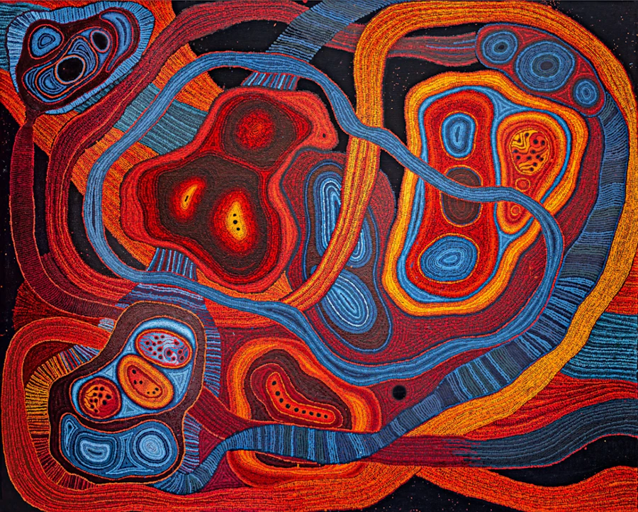 Peinture de l’artiste Emma Singer - Ngayuku Ngura 2023 - 200cm x 240cm - 650-23. © Photo Aboriginal Signature Gallery with the courtesy of Mimili Maku and the artist