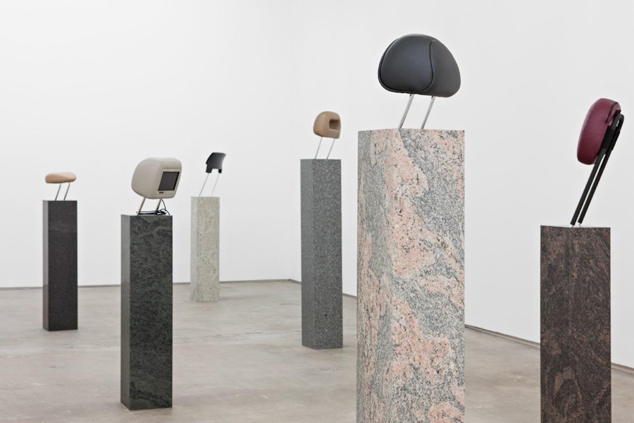 'Real Estate, 2013. Head rest, synthetic leather, aluminium and granite. Courtesy of the artist and Standard (Oslo). Photo: Vegard Kleven.