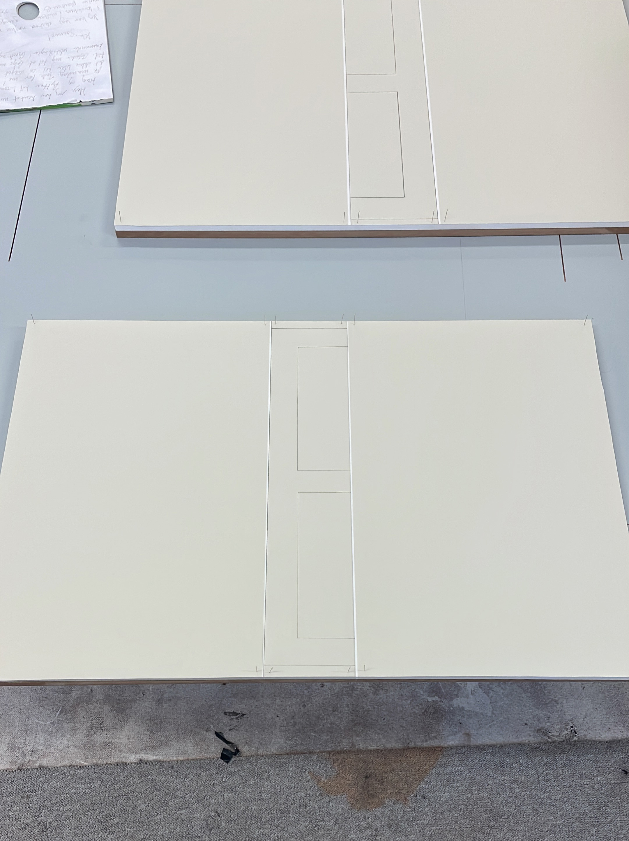 Morten Knudsen, work in progress (“E is for everything” 2026 , paper, pencil, MDF, plexiglas)