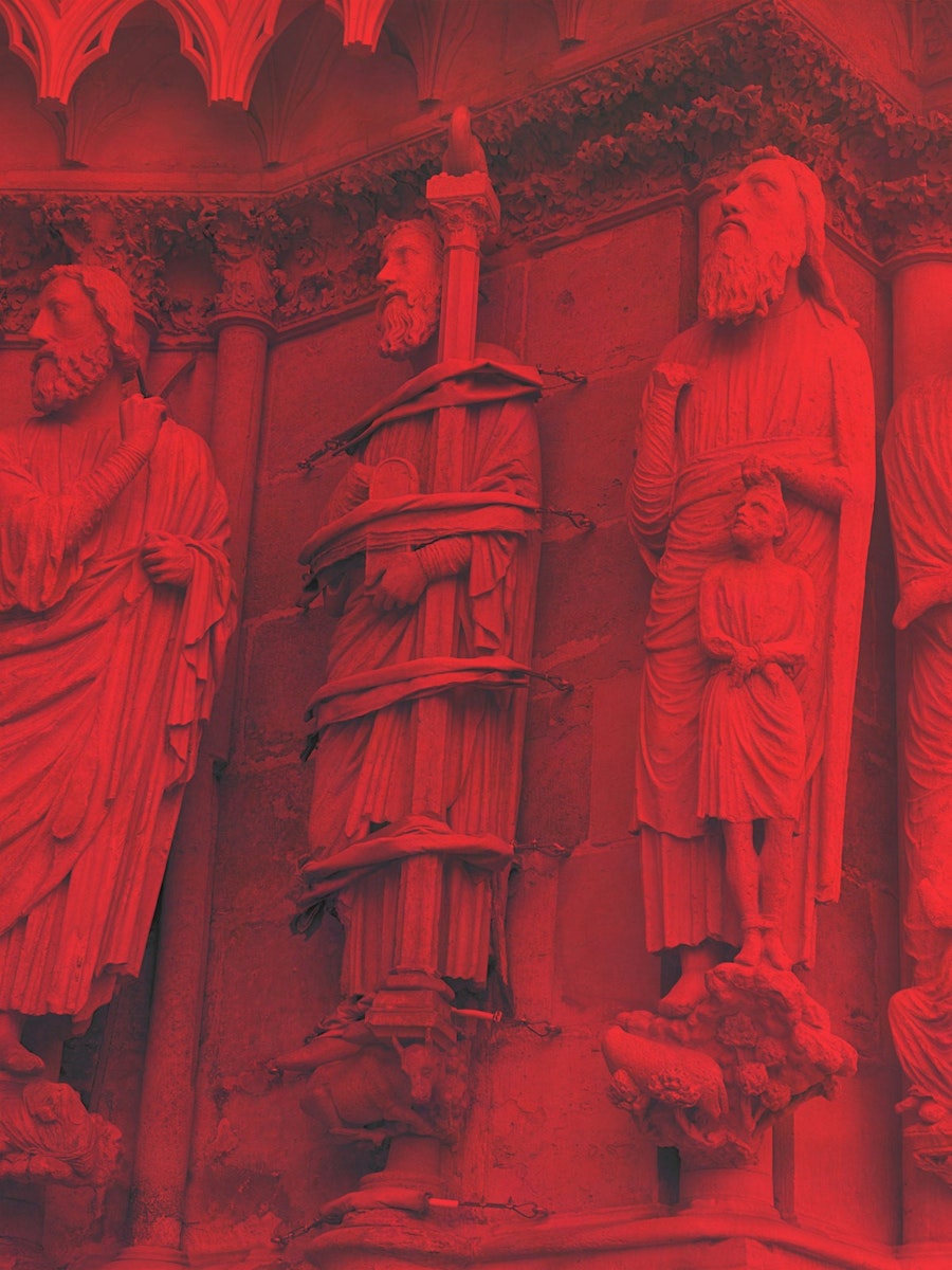    Judith Kakon, "Cathédrale de Reims", 2025, xerox print on neon paper, cardboard, glass, variable sizes