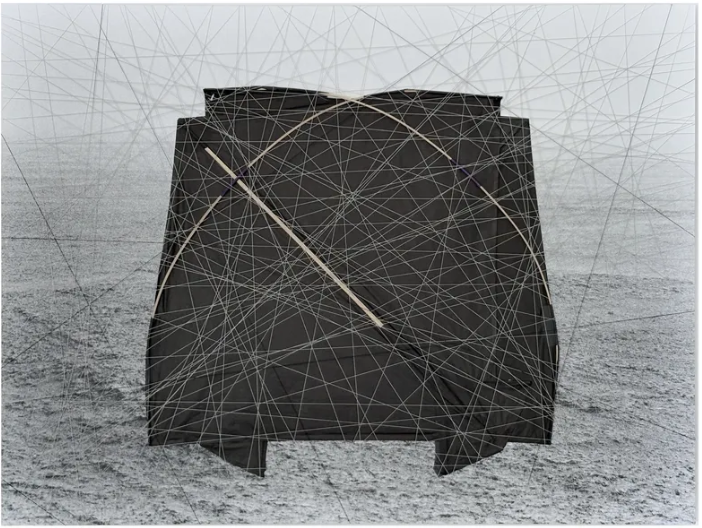 © Lior Gal, Untitled, 2025, Gelatin silver print, cotton thread, glass dust, two kites, 60x80 cm, unique - courtesy Hangar, Brussels