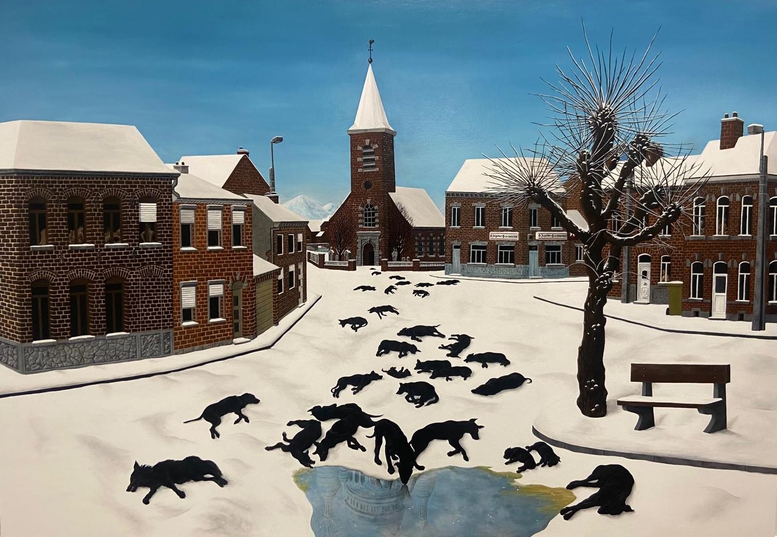 Sacha Cambier de Montravel, Le massacre des innocents, 2025, huile sur bois, 90 x 140 cm