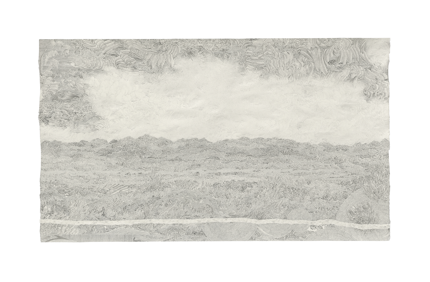 Fabrice Souvereyns  Untitled, 2021,pencil, eraser and collage on paper, 26.1 x 44.5 cm,frame 41x51cm
