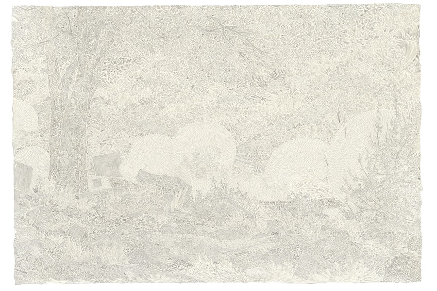 Fabrice Souvereyns, Not erased, the escape, 2023,pencil on paper, 26.5 x 38.7 cm,frame 41x51cm