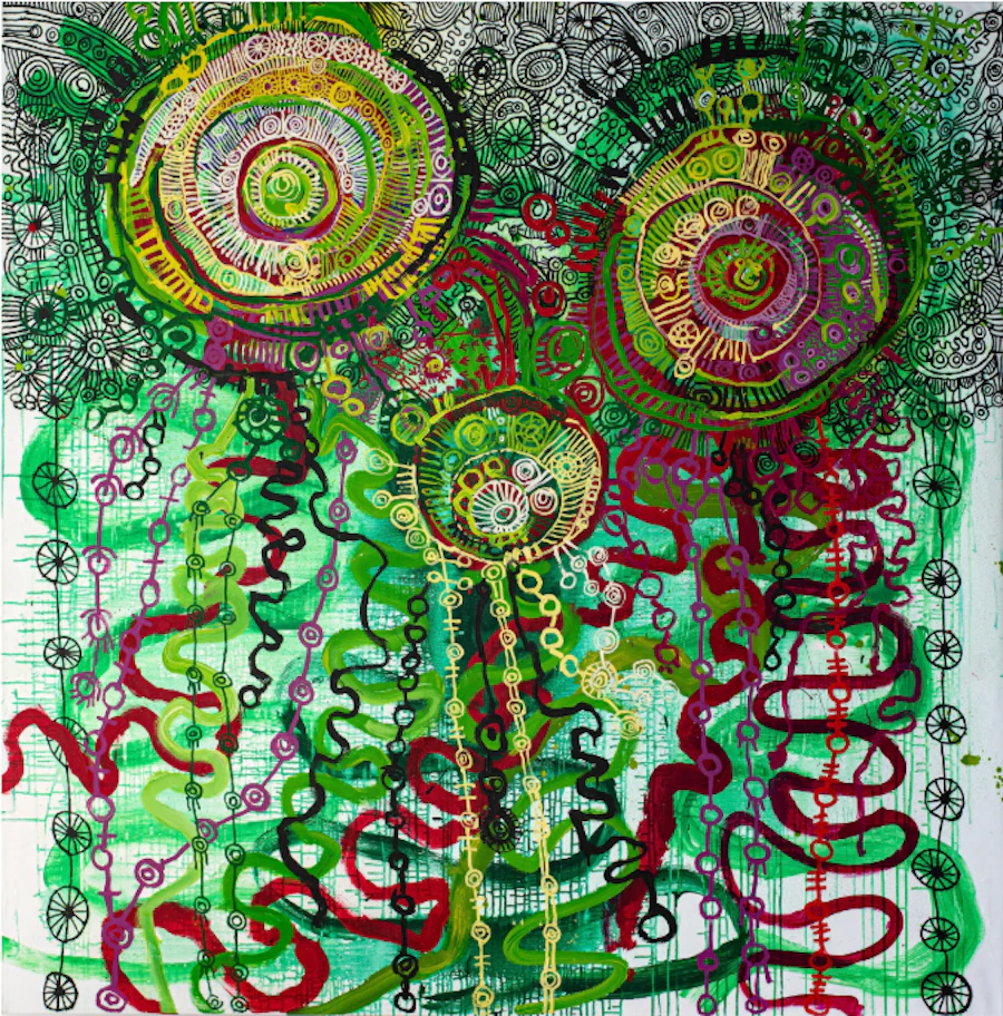 Œuvre de l’artiste Yaritji Young (1954) - Tjala tjukurpa - Honey ant story - 196 x 196 cm © Photo Aboriginal Signature Estrangin Gallery with the courtesy of Tjala Art & the artist.