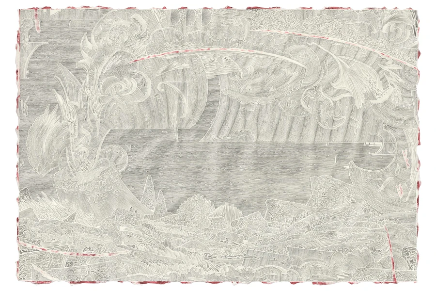 Not erased, red, let me swirl, pencil on paper H26.5 x W38.7 cm
