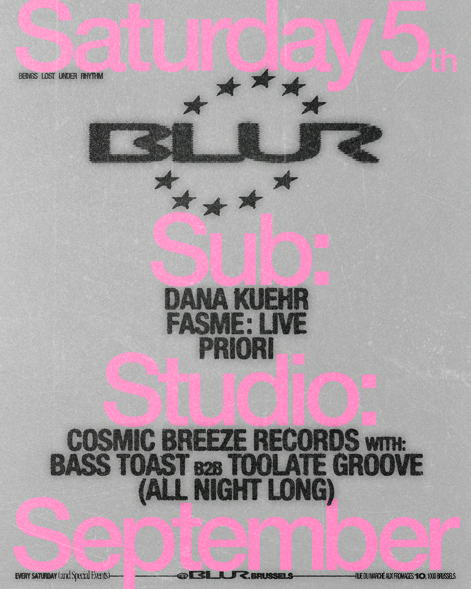 BLUR with Fasme, Priori, Dana Kuehr, Bass Toast b2b Toolate Groove