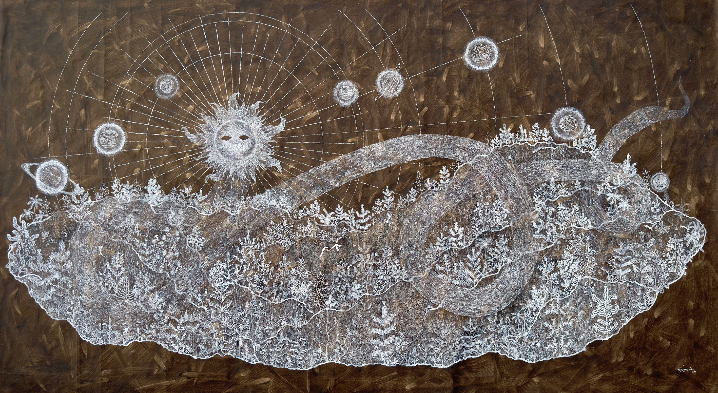 mayur et tushar vayeda the cosmic canopy 2025 acrylique et bouse de vache sur toile 137x243 cm