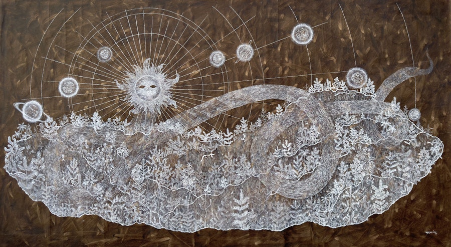 mayur et tushar vayeda the cosmic canopy 2025 acrylique et bouse de vache sur toile 137x243 cm