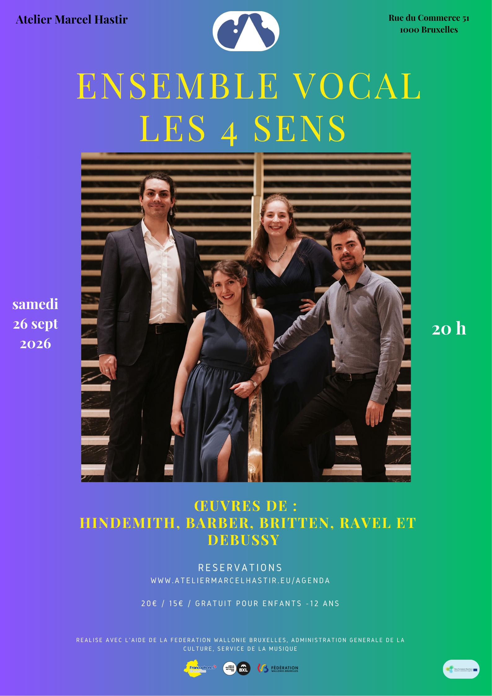 Ensemble vocal Les 4 Sens (a capella)- oeuvres de Hindemith, Barber, Britten, Ravel et Debussy